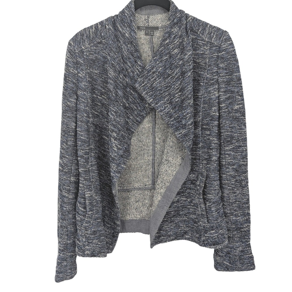 Vince Jacket Women Small Blue Tweed Texture Knit Drape Front Pocket Office Open